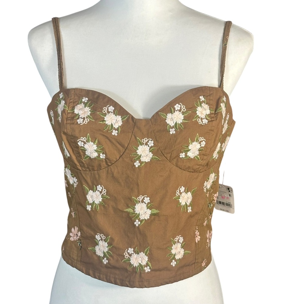Free People Wild Flowers Corset NWT Women's M Brown Floral Embroidered Smocked